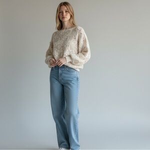 Vintage Handcrafted Granny Crochet Sweater Floral Embroidered Pullover Ivory L